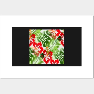 Hawaiian Flowered Pattern Tropical Red Green Posters and Art